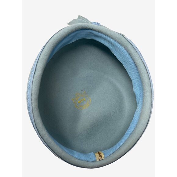 Ritz Henry Pollack Hat Dusty Blue Jewel Bow Band Baby Blue Net Cover Circa 60s - Picture 9 of 9